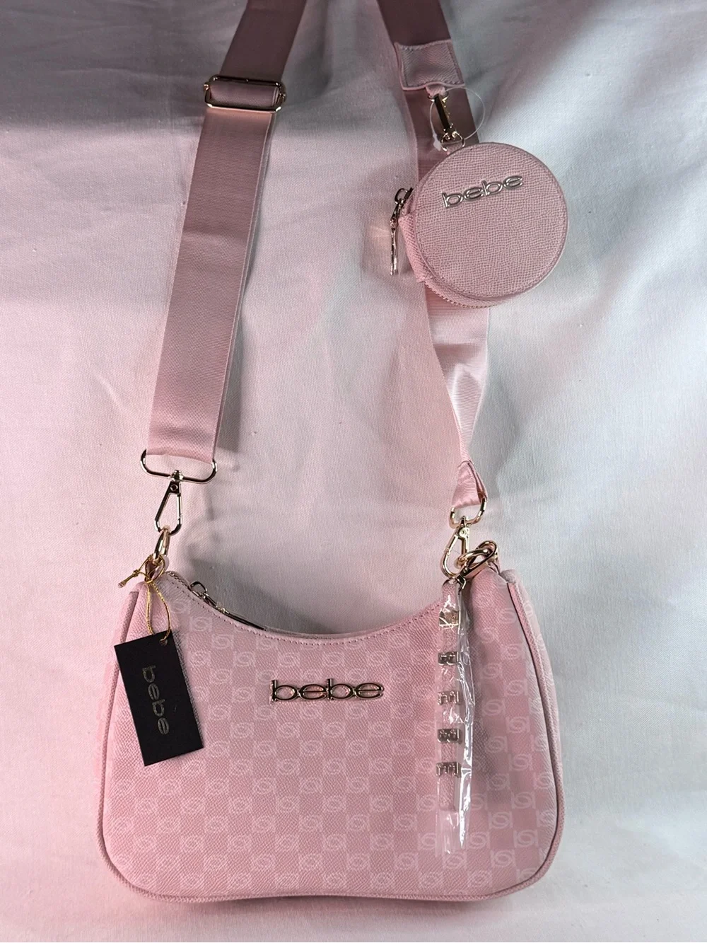 bebe Pink Signature Crossbody Bag with Coin Pouch, Keychain and adjustable Strap